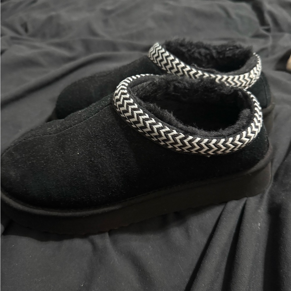 Black Slip-On Shoes with Patterned Trim